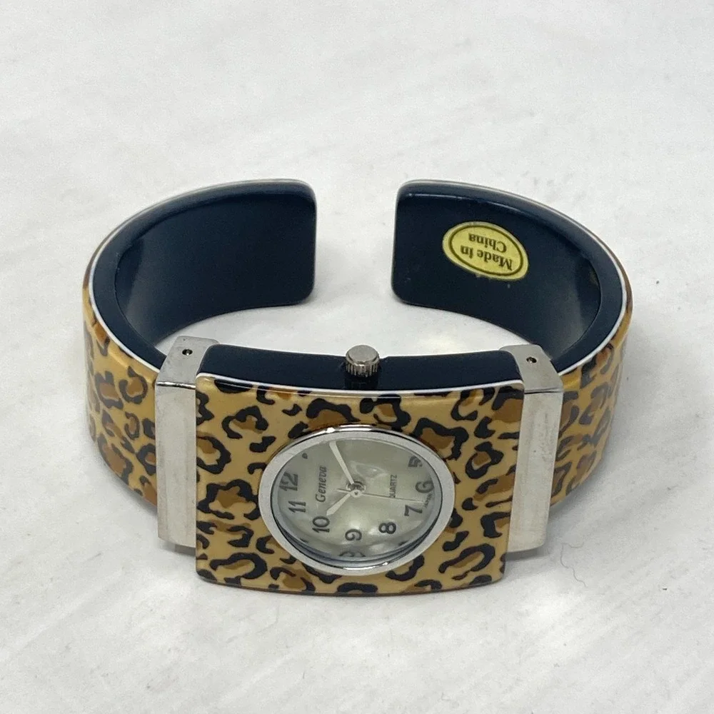 Geneva Womens Watch Leopard Print Silver Tone Cuff MOP New Battery SMALL 5.75